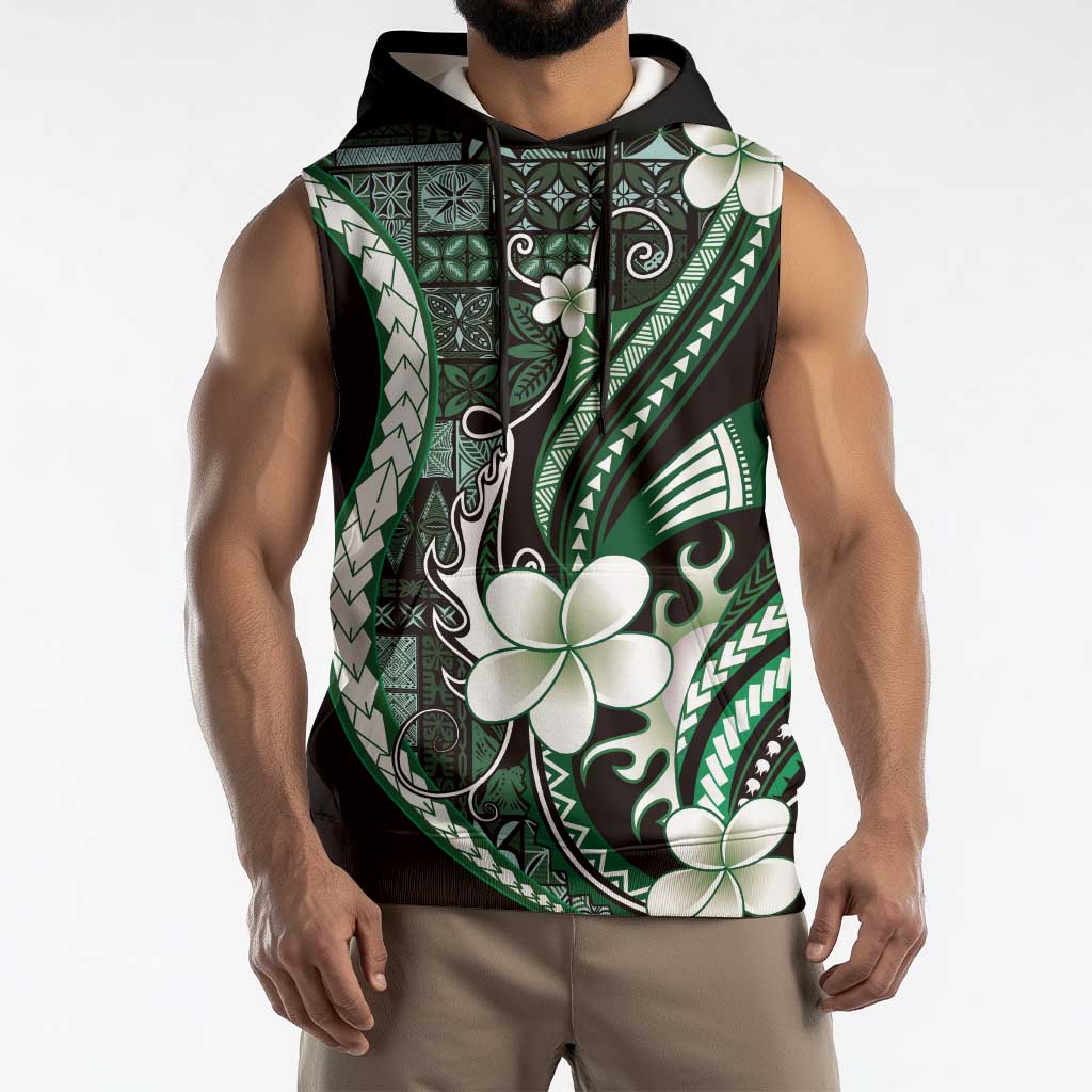 Samoa Siapo Tribal Pattern Sleeveless Hoodie Forest Green Polynesian Plumeria Tapa Motif