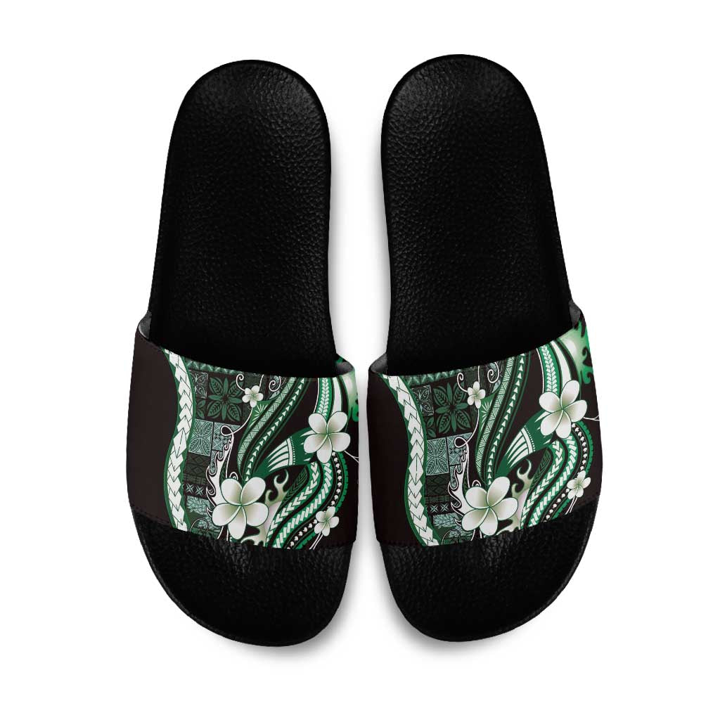 Samoa Siapo Tribal Pattern Slide Sandals Forest Green Polynesian Plumeria Tapa Motif