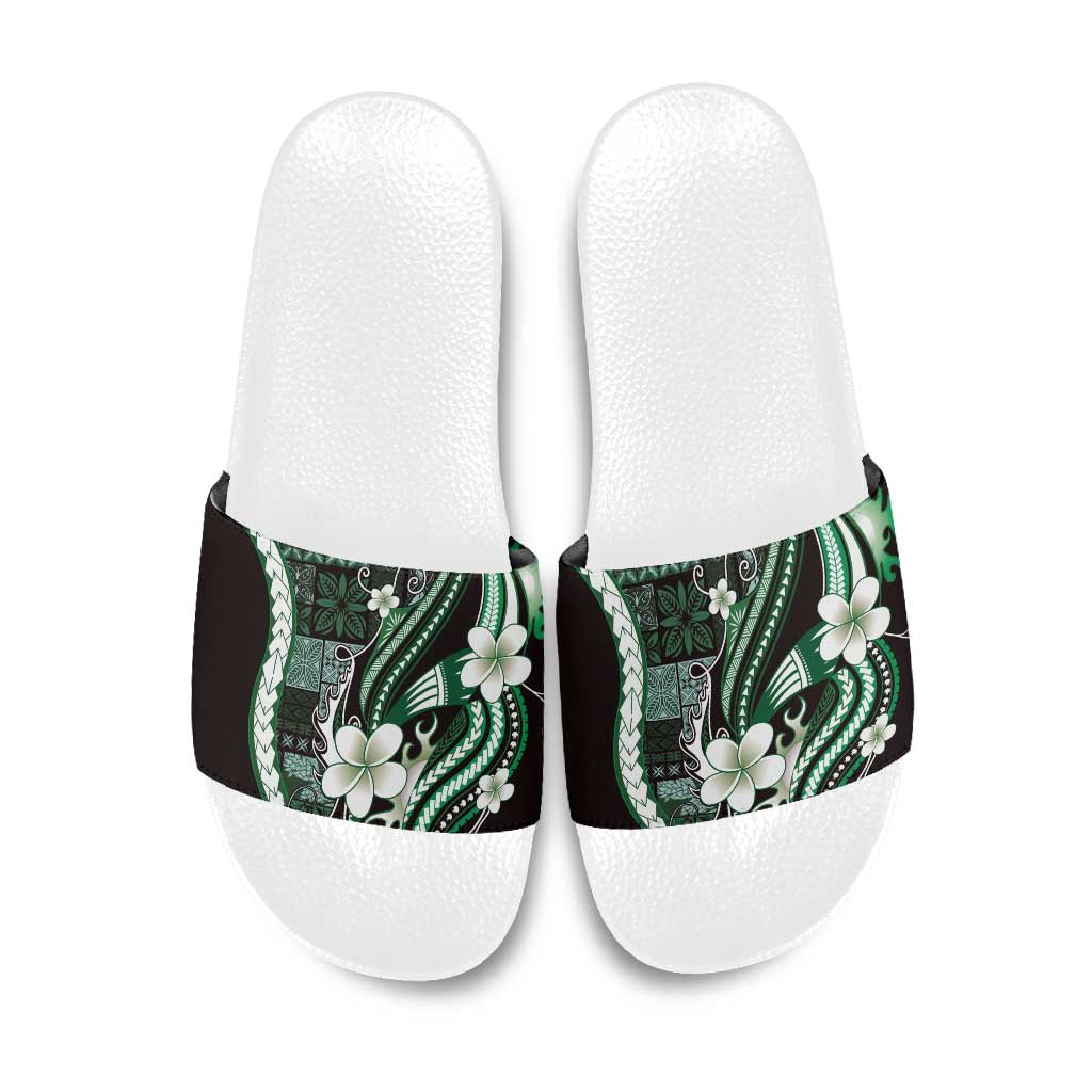 Samoa Siapo Tribal Pattern Slide Sandals Forest Green Polynesian Plumeria Tapa Motif