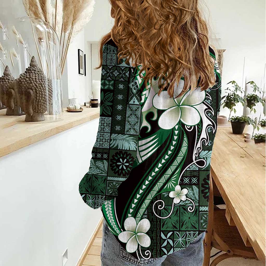 Samoa Siapo Tribal Pattern Women Casual Shirt Forest Green Polynesian Plumeria Tapa Motif