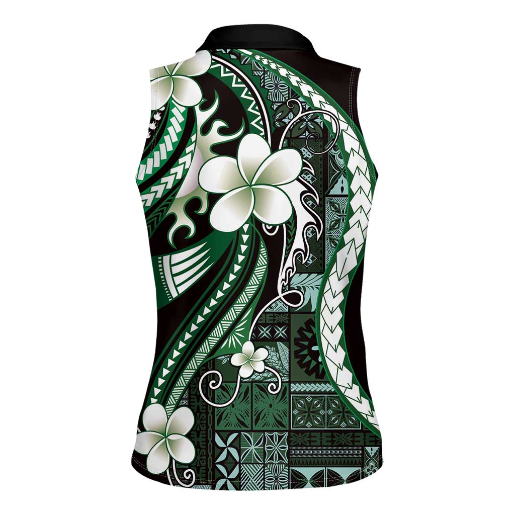 Samoa Siapo Tribal Pattern Women Sleeveless Polo Shirt Forest Green Polynesian Plumeria Tapa Motif LT9 - Polynesian Pride