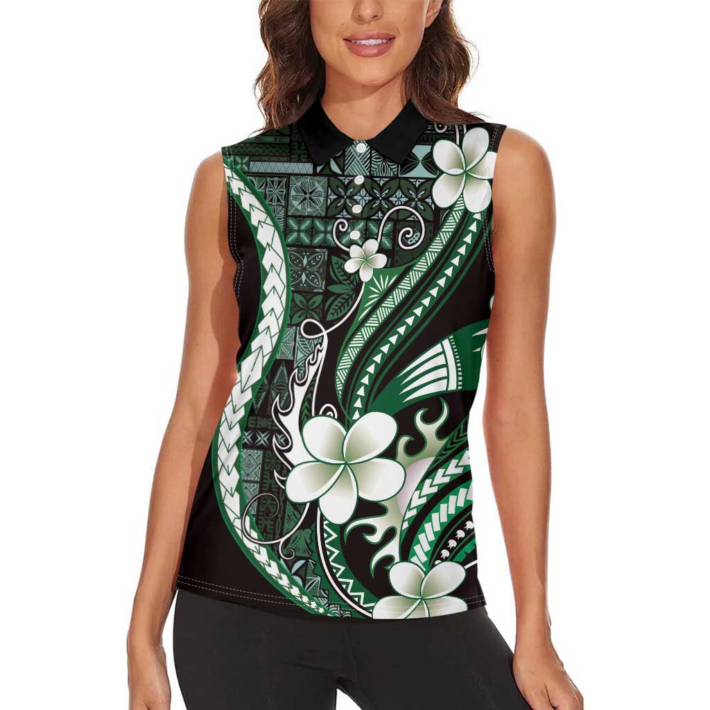 Samoa Siapo Tribal Pattern Women Sleeveless Polo Shirt Forest Green Polynesian Plumeria Tapa Motif LT9 - Polynesian Pride