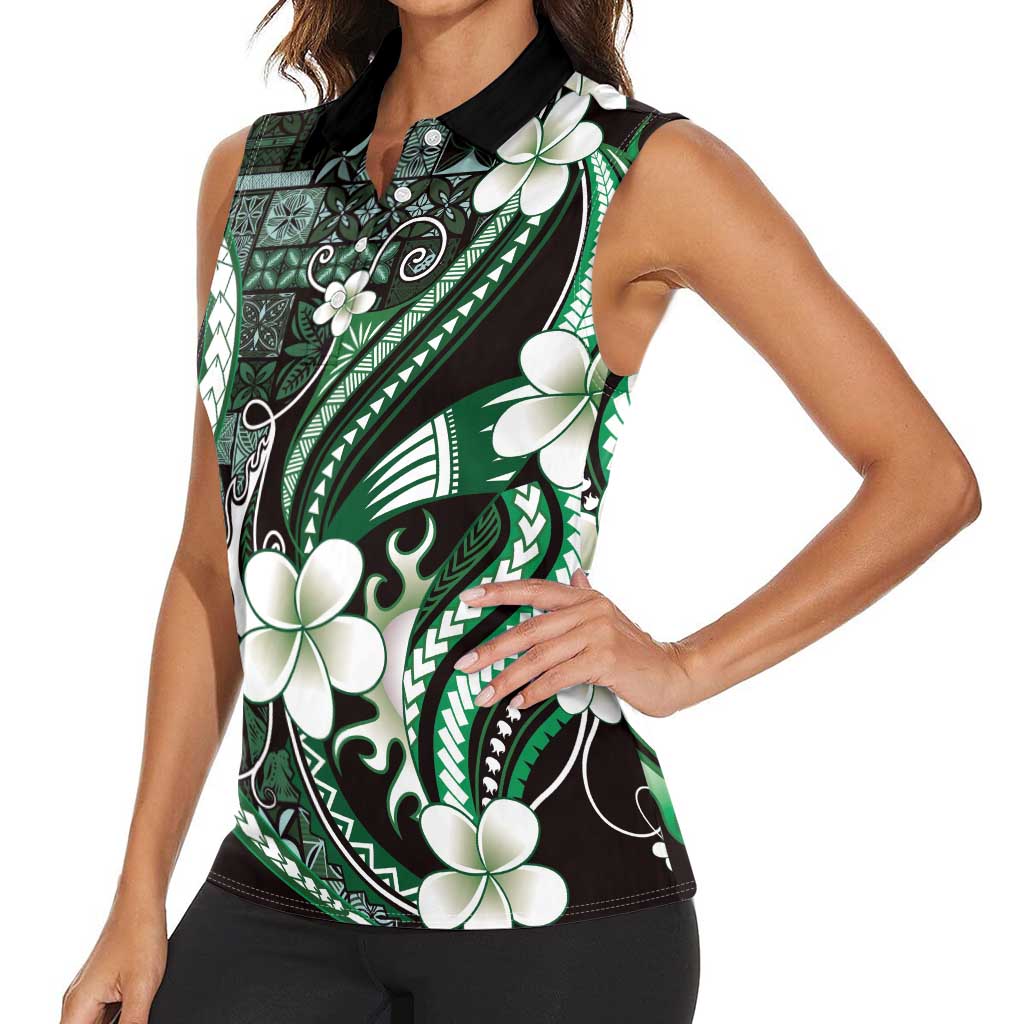 Samoa Siapo Tribal Pattern Women Sleeveless Polo Shirt Forest Green Polynesian Plumeria Tapa Motif LT9 - Polynesian Pride