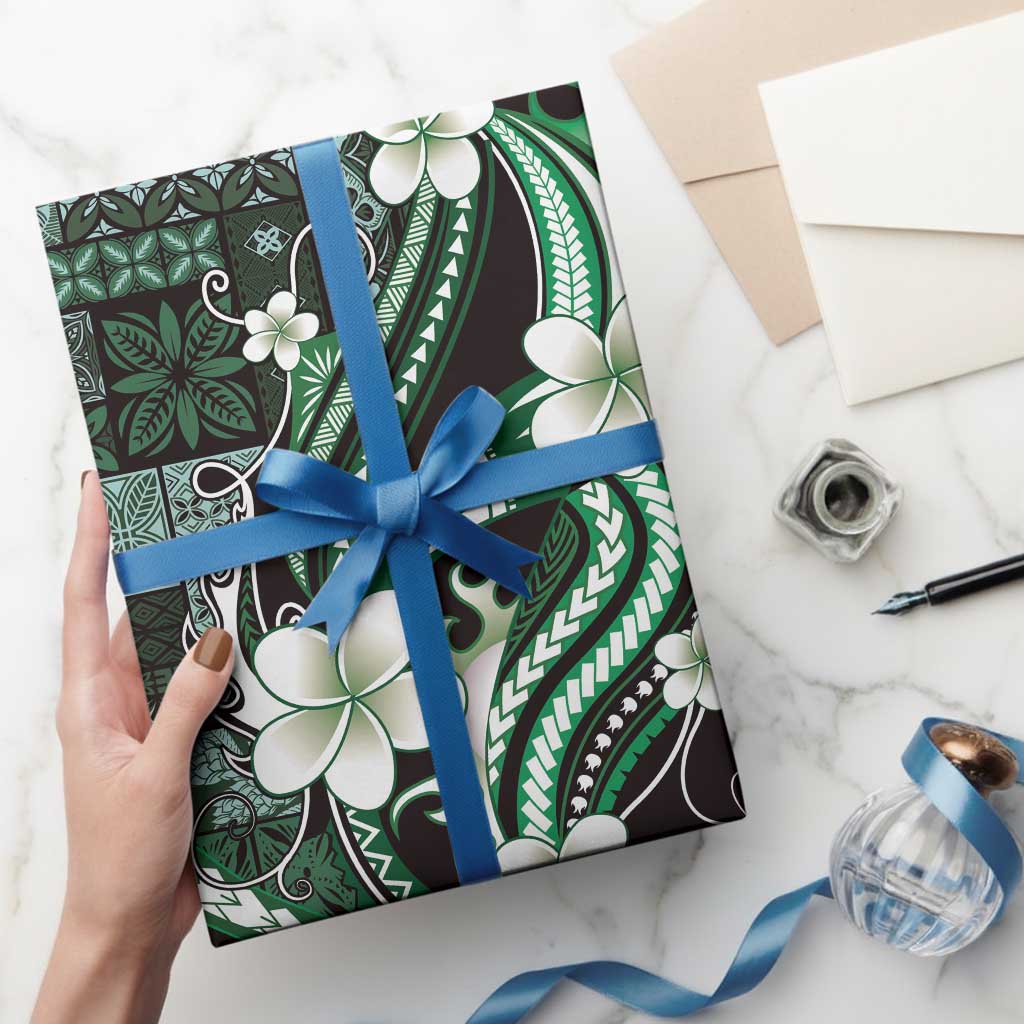 Samoa Siapo Tribal Pattern Wrapping Paper Forest Green Polynesian Plumeria Tapa Motif