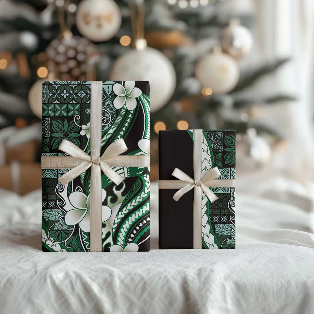 Samoa Siapo Tribal Pattern Wrapping Paper Forest Green Polynesian Plumeria Tapa Motif