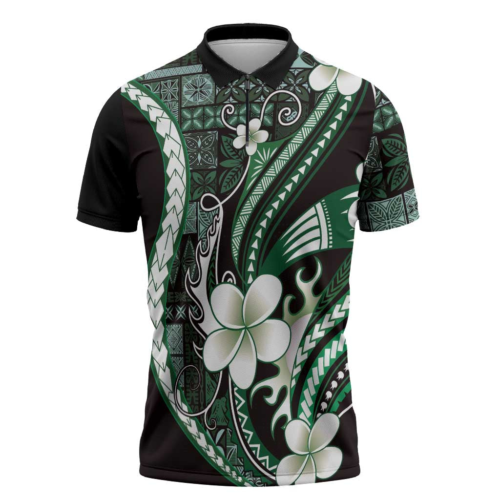 Samoa Siapo Tribal Pattern Zipper Polo Shirt Forest Green Polynesian Plumeria Tapa Motif