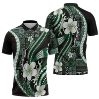 Samoa Siapo Tribal Pattern Zipper Polo Shirt Forest Green Polynesian Plumeria Tapa Motif