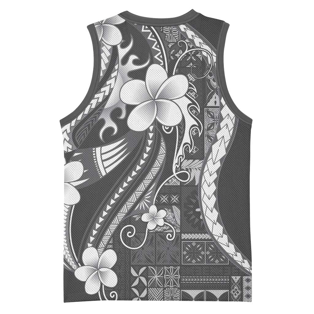 Samoa Siapo Tribal Pattern Basketball Jersey Light Gray Polynesian Plumeria Tapa Motif