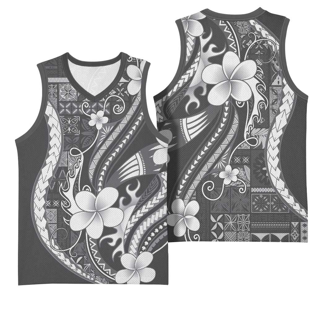 Samoa Siapo Tribal Pattern Basketball Jersey Light Gray Polynesian Plumeria Tapa Motif