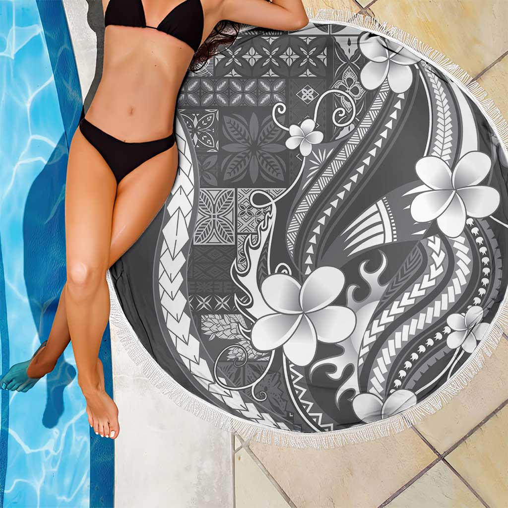 Samoa Siapo Tribal Pattern Beach Blanket Light Gray Polynesian Plumeria Tapa Motif