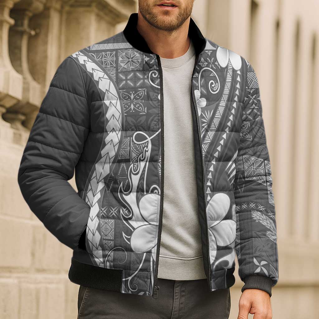 Samoa Siapo Tribal Pattern Bomber Puffer Jacket Light Gray Polynesian Plumeria Tapa Motif