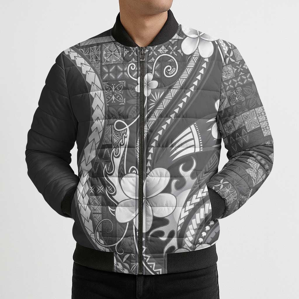 Samoa Siapo Tribal Pattern Bomber Puffer Jacket Light Gray Polynesian Plumeria Tapa Motif