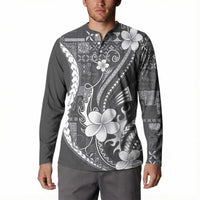 Samoa Siapo Tribal Pattern Button Sweatshirt Light Gray Polynesian Plumeria Tapa Motif