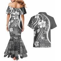 Samoa Siapo Tribal Pattern Couples Matching Mermaid Dress and Hawaiian Shirt Light Gray Polynesian Plumeria Tapa Motif LT9 - Polynesian Pride