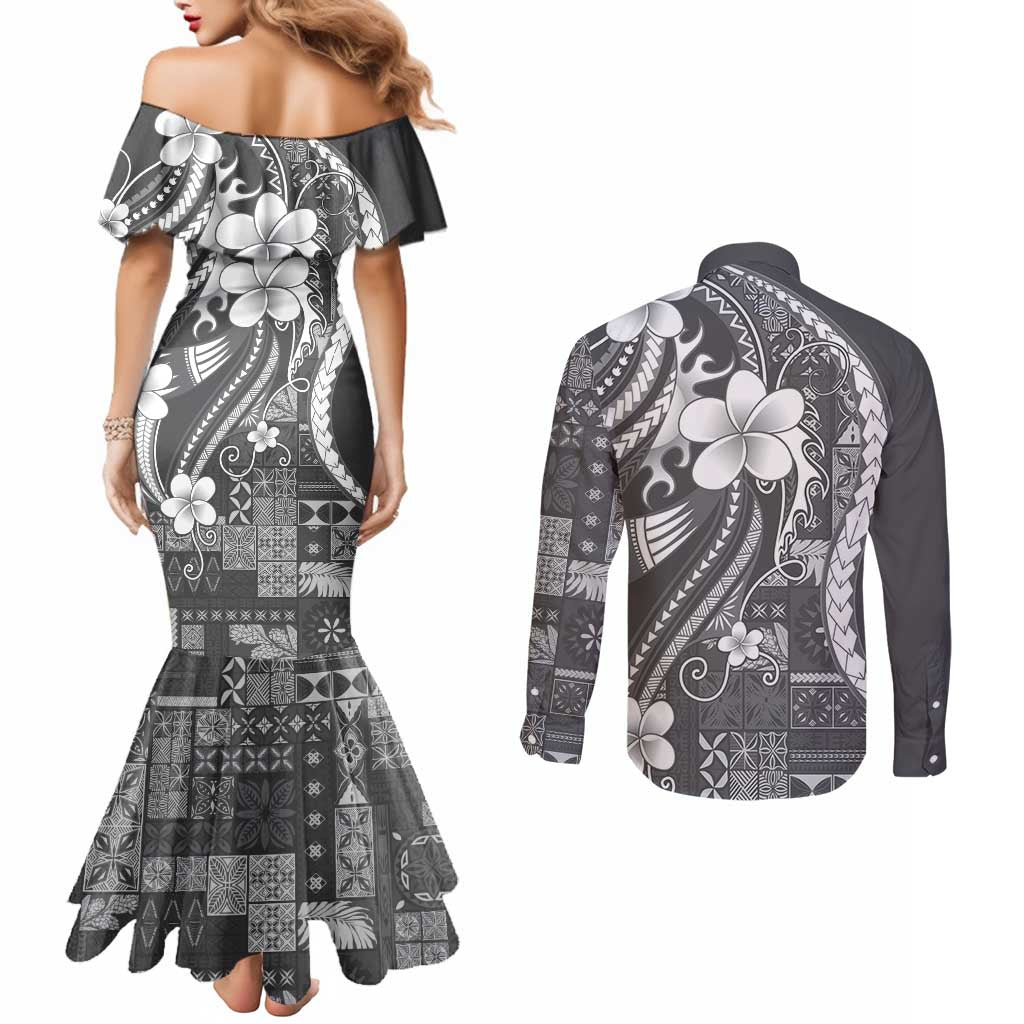 Samoa Siapo Tribal Pattern Couples Matching Mermaid Dress and Long Sleeve Button Shirt Light Gray Polynesian Plumeria Tapa Motif LT9 - Polynesian Pride