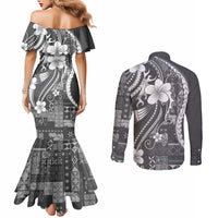 Samoa Siapo Tribal Pattern Couples Matching Mermaid Dress and Long Sleeve Button Shirt Light Gray Polynesian Plumeria Tapa Motif LT9 - Polynesian Pride