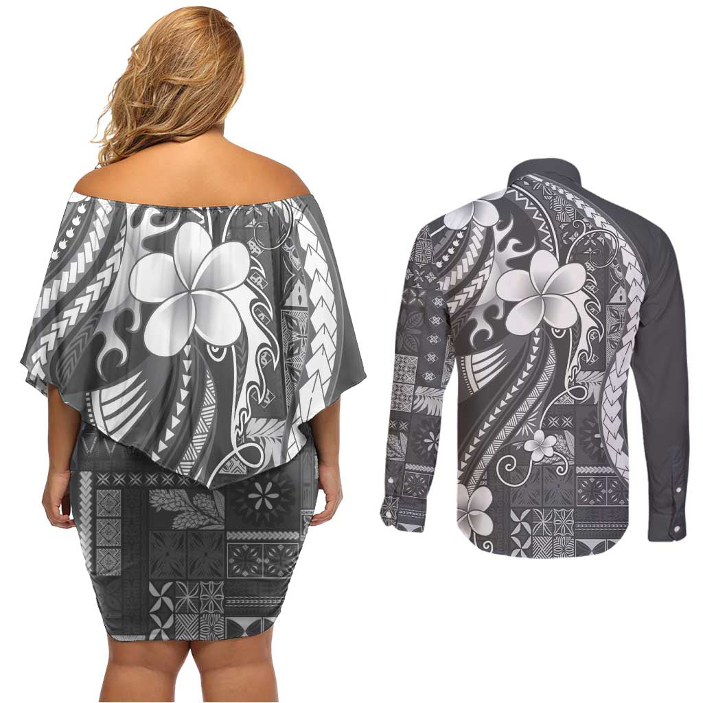Samoa Siapo Tribal Pattern Couples Matching Off Shoulder Short Dress and Long Sleeve Button Shirt Light Gray Polynesian Plumeria Tapa Motif