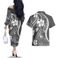 Samoa Siapo Tribal Pattern Couples Matching Off The Shoulder Long Sleeve Dress and Hawaiian Shirt Light Gray Polynesian Plumeria Tapa Motif LT9 - Polynesian Pride