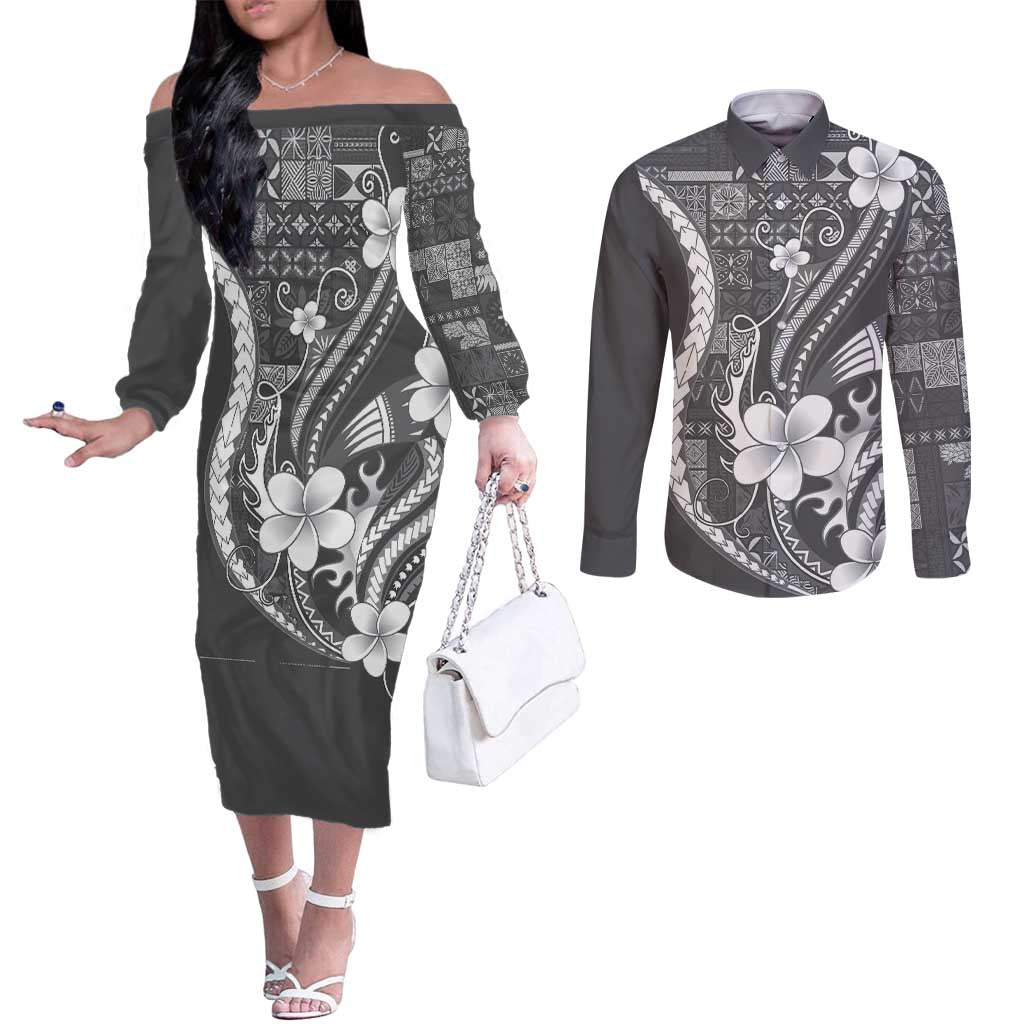 Samoa Siapo Tribal Pattern Couples Matching Off The Shoulder Long Sleeve Dress and Long Sleeve Button Shirt Light Gray Polynesian Plumeria Tapa Motif LT9 Gray - Polynesian Pride
