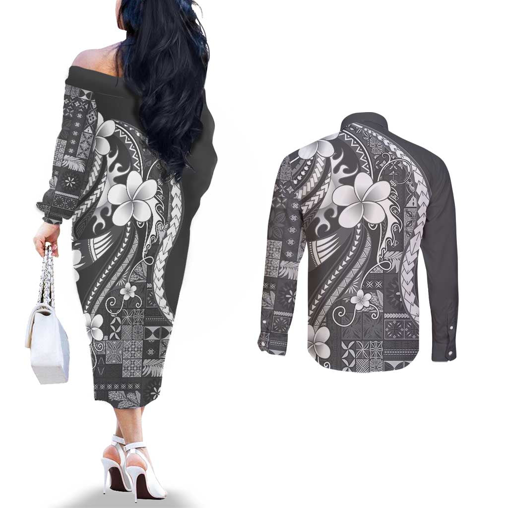 Samoa Siapo Tribal Pattern Couples Matching Off The Shoulder Long Sleeve Dress and Long Sleeve Button Shirt Light Gray Polynesian Plumeria Tapa Motif LT9 - Polynesian Pride