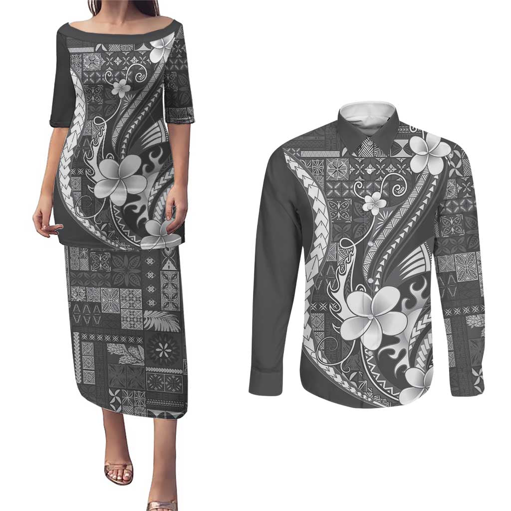 Samoa Siapo Tribal Pattern Couples Matching Puletasi and Long Sleeve Button Shirt Light Gray Polynesian Plumeria Tapa Motif