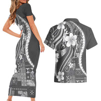 Samoa Siapo Tribal Pattern Couples Matching Short Sleeve Bodycon Dress and Hawaiian Shirt Light Gray Polynesian Plumeria Tapa Motif LT9 - Polynesian Pride