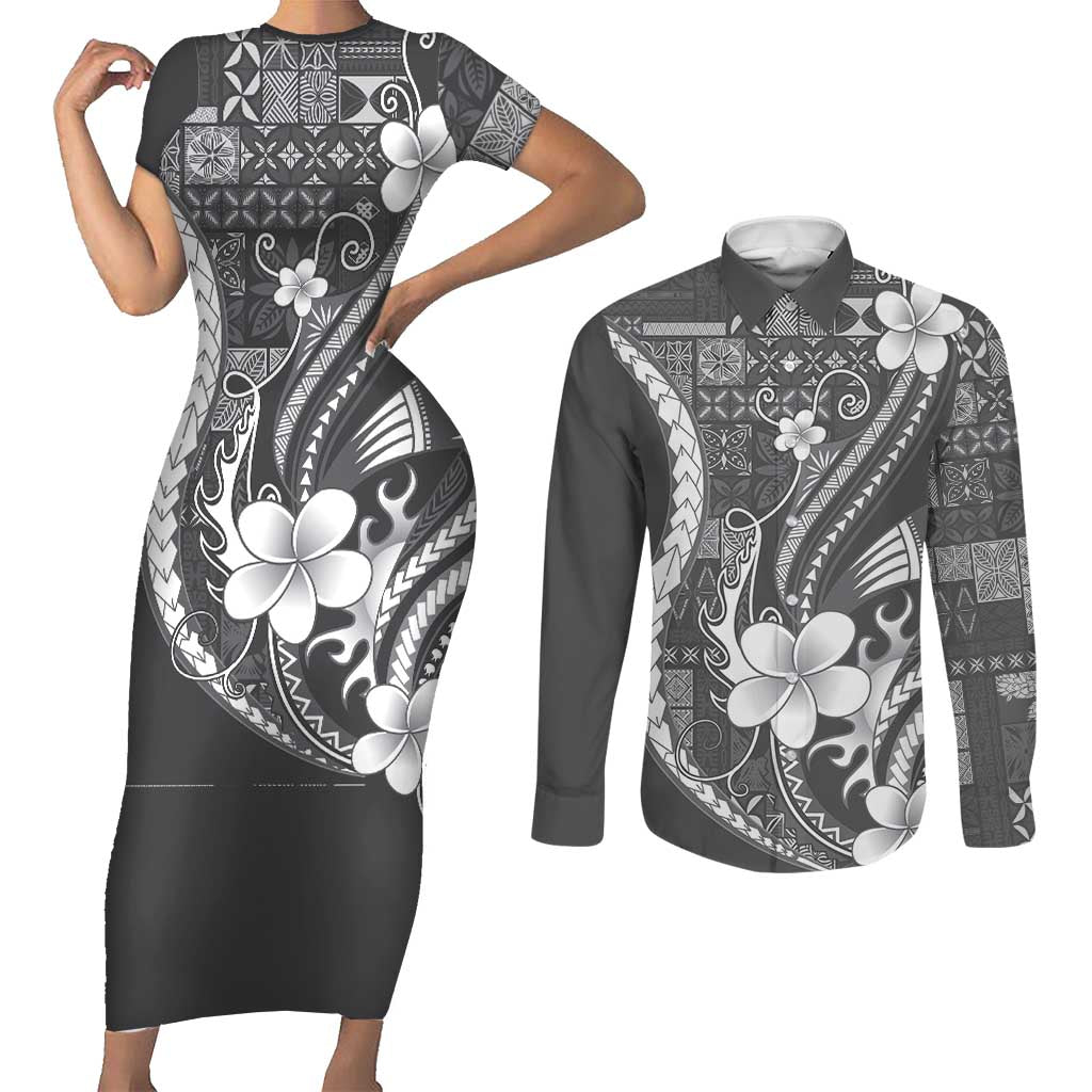Samoa Siapo Tribal Pattern Couples Matching Short Sleeve Bodycon Dress and Long Sleeve Button Shirt Light Gray Polynesian Plumeria Tapa Motif