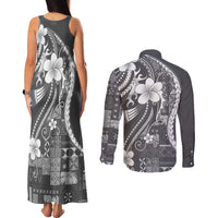 Samoa Siapo Tribal Pattern Couples Matching Tank Maxi Dress and Long Sleeve Button Shirt Light Gray Polynesian Plumeria Tapa Motif LT9 - Polynesian Pride