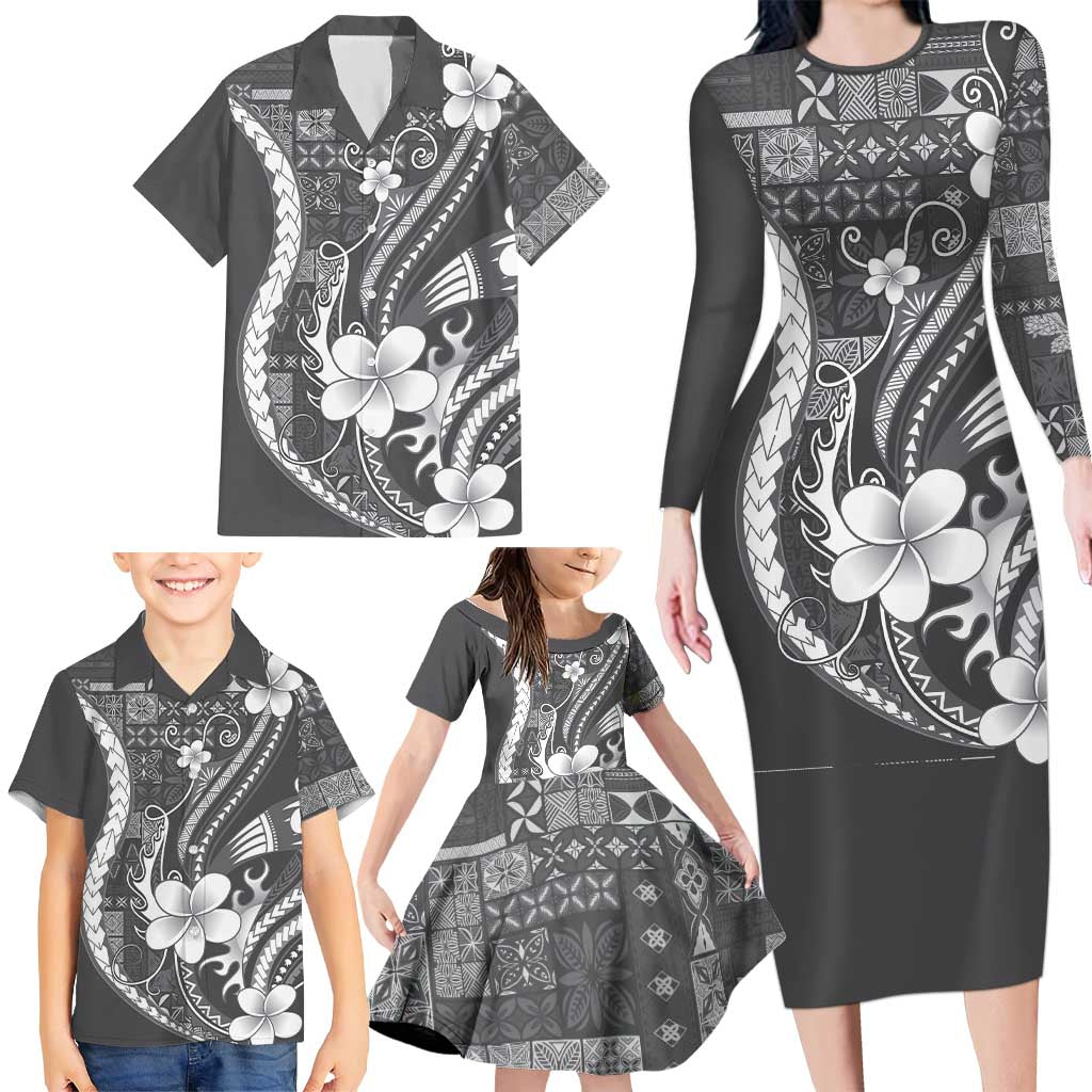 Samoa Siapo Tribal Pattern Family Matching Long Sleeve Bodycon Dress and Hawaiian Shirt Light Gray Polynesian Plumeria Tapa Motif LT9 - Polynesian Pride