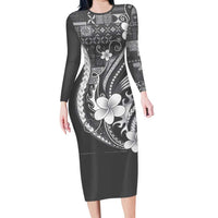 Samoa Siapo Tribal Pattern Family Matching Long Sleeve Bodycon Dress and Hawaiian Shirt Light Gray Polynesian Plumeria Tapa Motif LT9 Mom's Dress Gray - Polynesian Pride