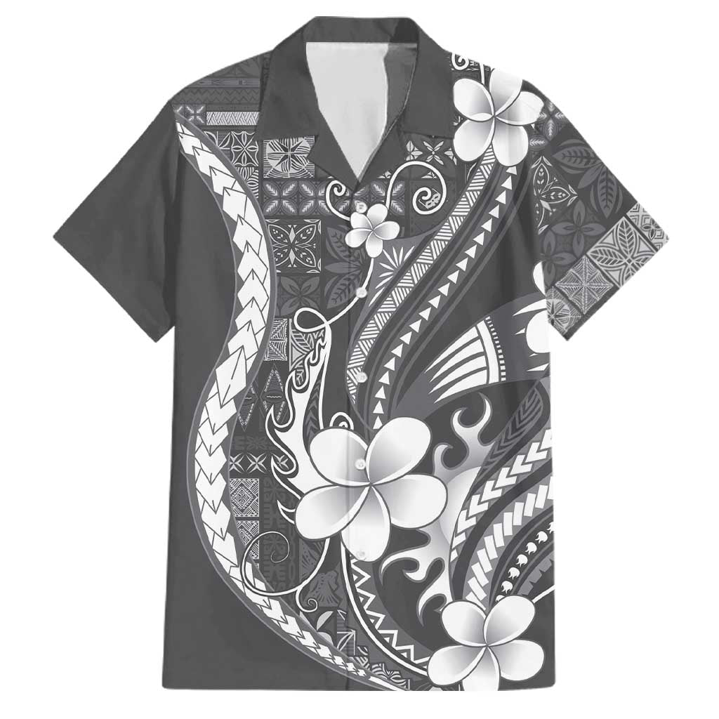 Samoa Siapo Tribal Pattern Family Matching Off The Shoulder Long Sleeve Dress and Hawaiian Shirt Light Gray Polynesian Plumeria Tapa Motif LT9 Dad's Shirt - Short Sleeve Gray - Polynesian Pride
