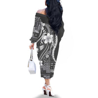Samoa Siapo Tribal Pattern Family Matching Off The Shoulder Long Sleeve Dress and Hawaiian Shirt Light Gray Polynesian Plumeria Tapa Motif LT9 - Polynesian Pride