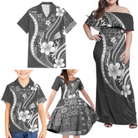 Samoa Siapo Tribal Pattern Family Matching Off Shoulder Maxi Dress and Hawaiian Shirt Light Gray Polynesian Plumeria Tapa Motif LT9 - Polynesian Pride