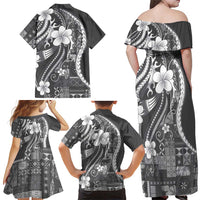 Samoa Siapo Tribal Pattern Family Matching Off Shoulder Maxi Dress and Hawaiian Shirt Light Gray Polynesian Plumeria Tapa Motif LT9 - Polynesian Pride