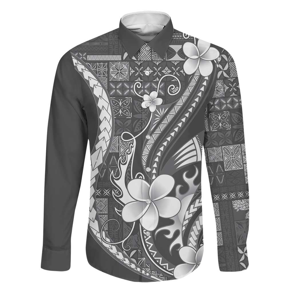 Samoa Siapo Tribal Pattern Family Matching Off Shoulder Maxi Dress and Hawaiian Shirt Light Gray Polynesian Plumeria Tapa Motif LT9 Dad's Shirt - Long Sleeve Gray - Polynesian Pride
