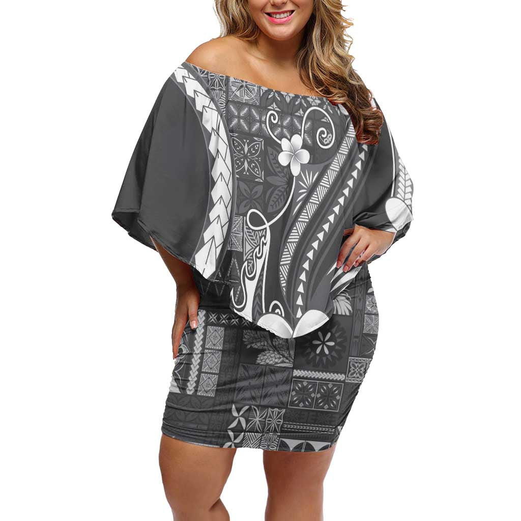 Samoa Siapo Tribal Pattern Family Matching Off Shoulder Short Dress and Hawaiian Shirt Light Gray Polynesian Plumeria Tapa Motif LT9 Mom's Dress Gray - Polynesian Pride