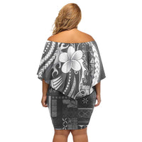 Samoa Siapo Tribal Pattern Family Matching Off Shoulder Short Dress and Hawaiian Shirt Light Gray Polynesian Plumeria Tapa Motif LT9 - Polynesian Pride