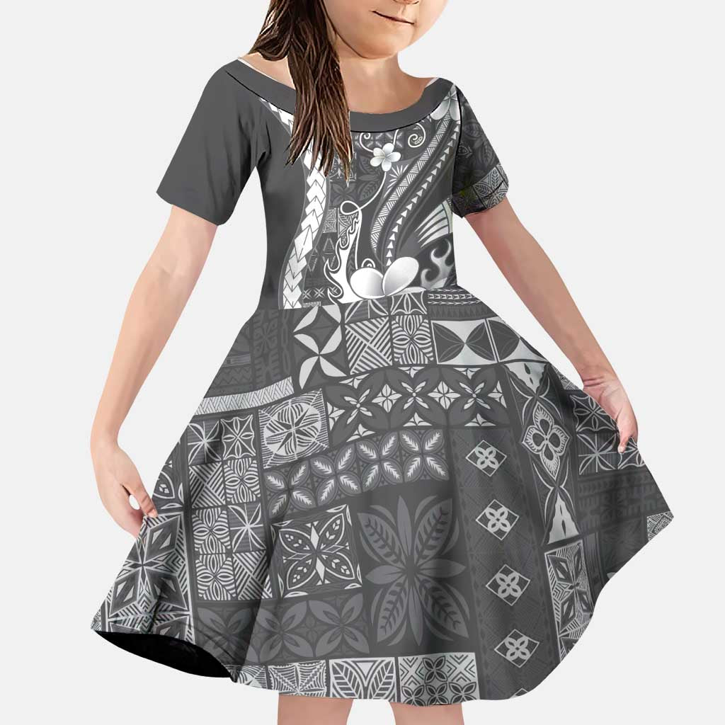 Samoa Siapo Tribal Pattern Family Matching Puletasi and Hawaiian Shirt Light Gray Polynesian Plumeria Tapa Motif LT9 Daughter's Dress Gray - Polynesian Pride