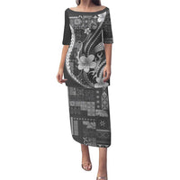 Samoa Siapo Tribal Pattern Family Matching Puletasi and Hawaiian Shirt Light Gray Polynesian Plumeria Tapa Motif LT9 Mom's Dress Gray - Polynesian Pride
