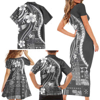 Samoa Siapo Tribal Pattern Family Matching Short Sleeve Bodycon Dress and Hawaiian Shirt Light Gray Polynesian Plumeria Tapa Motif LT9 - Polynesian Pride