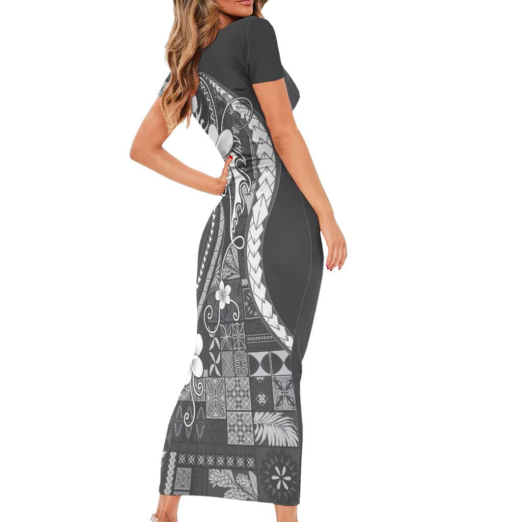 Samoa Siapo Tribal Pattern Family Matching Short Sleeve Bodycon Dress and Hawaiian Shirt Light Gray Polynesian Plumeria Tapa Motif LT9 - Polynesian Pride