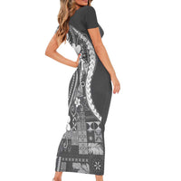 Samoa Siapo Tribal Pattern Family Matching Short Sleeve Bodycon Dress and Hawaiian Shirt Light Gray Polynesian Plumeria Tapa Motif LT9 - Polynesian Pride