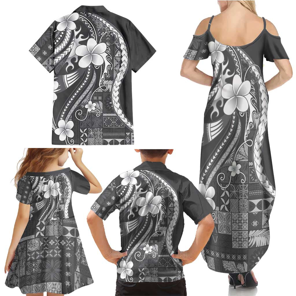 Samoa Siapo Tribal Pattern Family Matching Summer Maxi Dress and Hawaiian Shirt Light Gray Polynesian Plumeria Tapa Motif LT9 - Polynesian Pride