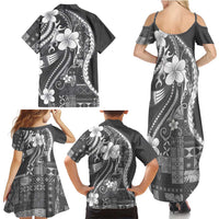 Samoa Siapo Tribal Pattern Family Matching Summer Maxi Dress and Hawaiian Shirt Light Gray Polynesian Plumeria Tapa Motif LT9 - Polynesian Pride