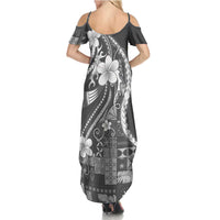 Samoa Siapo Tribal Pattern Family Matching Summer Maxi Dress and Hawaiian Shirt Light Gray Polynesian Plumeria Tapa Motif LT9 - Polynesian Pride