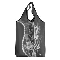 Samoa Siapo Tribal Pattern Grocery Bag Light Gray Polynesian Plumeria Tapa Motif