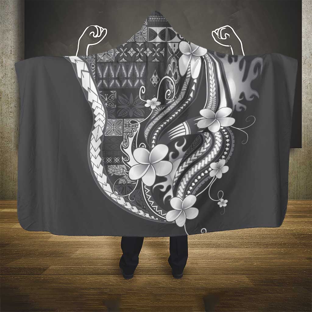 Samoa Siapo Tribal Pattern Hooded Blanket Light Gray Polynesian Plumeria Tapa Motif