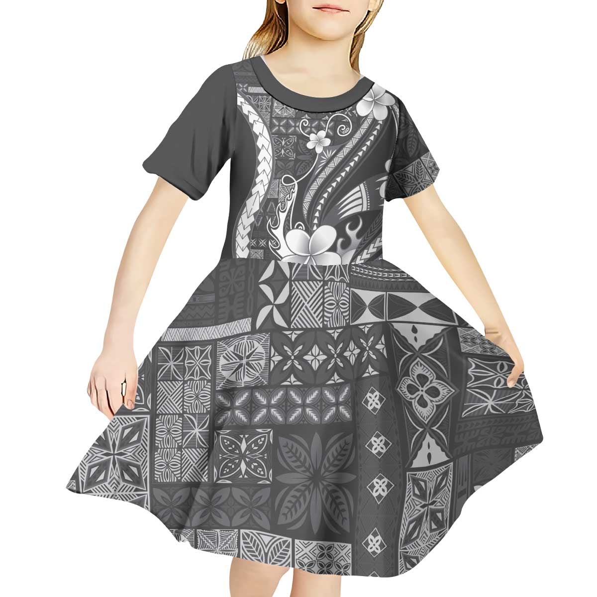 Samoa Siapo Tribal Pattern Kid Short Sleeve Dress Light Gray Polynesian Plumeria Tapa Motif