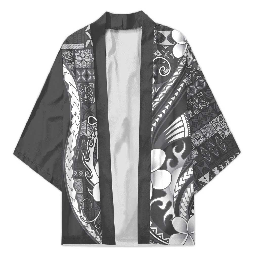 Samoa Siapo Tribal Pattern Kimono Light Gray Polynesian Plumeria Tapa Motif