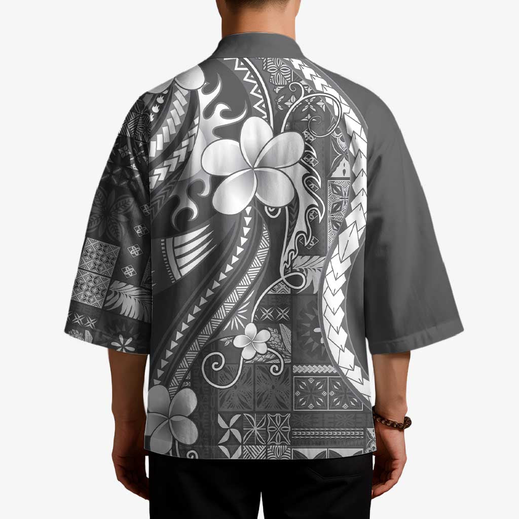 Samoa Siapo Tribal Pattern Kimono Light Gray Polynesian Plumeria Tapa Motif
